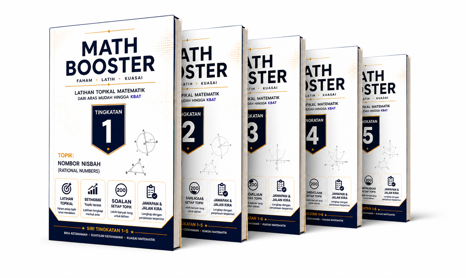 Math Booster Tingkatan 1 hingga Tingkatan 5 — buku latihan topikal navy dan gold