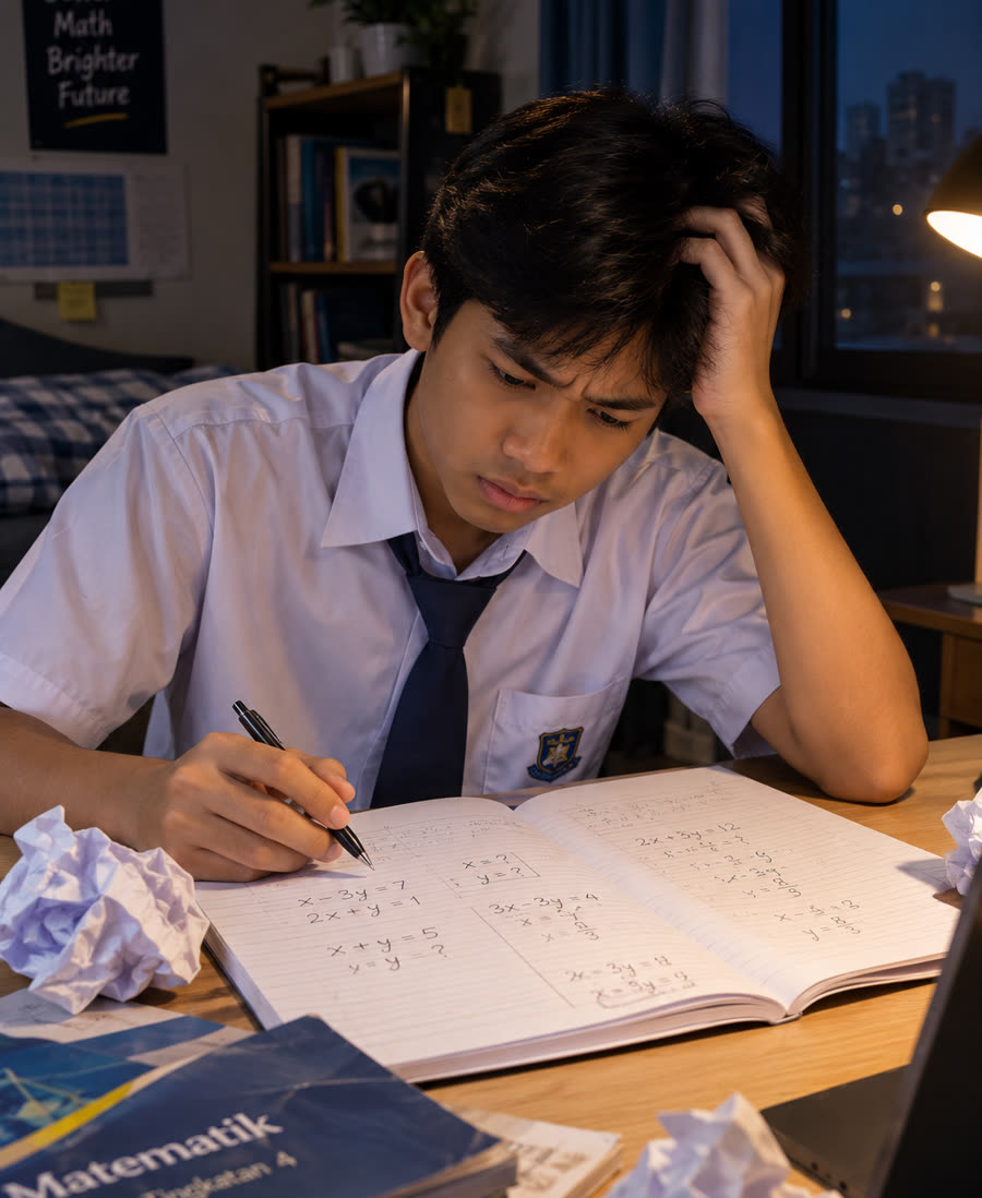 Pelajar sekolah menengah buntu membuat soalan Algebra pada waktu malam