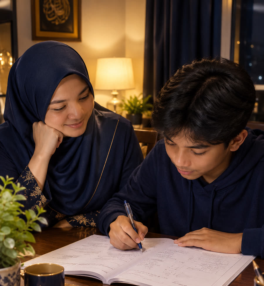 Ibu menemani anak membuat latihan Matematik pada waktu malam